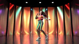 beautiful lady with to days modern clothing and sport shoes curvy long hair, in modern stage made of 3d fractal random size recursive objects with helical strip colors in clothing similar to environment full body dancing to camera,animating background metallic random color size recursive objects