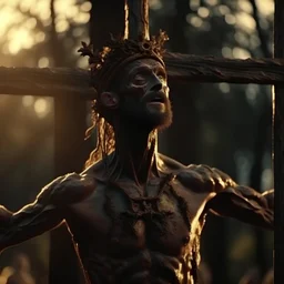 32k uhd, film still, werewolf on crucified on a cross, strength, pained expression. Muscular, toned, and defined. naturalistic golden hour, photorealistic looking style.