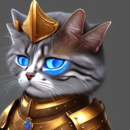 a cat with blue eyes wearing a medieval helmet, high detail, photo, 8k, ray-tracing