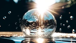 ball of water suspended in the air, ripples and splash on surface, sunlight gleaming, with sparkling crisp radiant reflections, Canon 35mm lens, hyperrealistic photography, style of unsplash