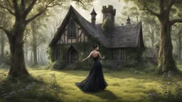 slim nymph dancing in a woodland clearing, with a gothic woodland house behind her.