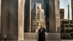 a persian big man in a modern street in Tehran with a tower.