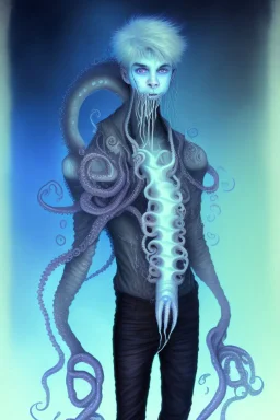 16 year old boy warlock with milky blue eyes, and fanged tentacle growing out of his belly. in the style of HR Giger