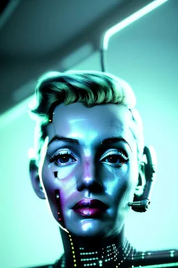 Ultra Realistic image, portrait, blonde woman, Marylin Monroe face, perfect iris, glow eyes, glow makeup. Cyborg, Cyberpunk, ex machina style, wires, oversized tight latex dress. fog, rain, soft color, highly detailed, unreal engine 5, ray tracing, RTX, lumen lighting, ultra detail, volumetric lighting, 3d, finely drawn, high definition, high resolution.