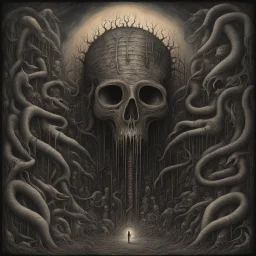 Text "THE POETIC EDDA", gathered to witness the ending of times - Brought to life by gods of deceit and lies, artsy death-metal album art, HD, Style by Phlegm and Ray Johnson, surreal horror art, nightmarish, dynamic composition, dark color burn, based on the imagery of Zdzislaw Beksinski