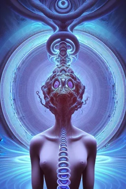 Spiritual being with Tentacles over human Head creating reality around, wrapping Spiral around Human, Psychedelic