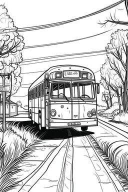 Outline art, no shading, bus on the road, cartoon style, black and white, low detail, --ar 9:11