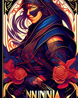 Ninja warrior centered | symmetrical | key visual | intricate | highly detailed | iconic | precise lineart | vibrant | comprehensive cinematic | alphonse mucha style illustration | very high resolution | sharp focus | poster | no watermarks full body