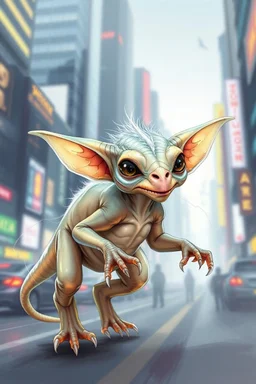 transparent gremlin sleek alien dinosaur weasel with cute fur, in big cyberpunk city crossover, volume light and motion blur, airbrush and pen outline in background only