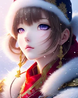 Detailed cute happy anime Kunoichi Christmas snow, Christmas colours, intricate details, full body portrait, keep head in frame, slight smile, black Japanese motif, concept art, highly detailed, digital painting, concept art, sharp focus, illustration, art by Yoji Shinkawa, WLOP and greg rutkowski and alphonse mucha and artgerm and yanjun Chen and Junji ito and Makoto Shinkai, HDR, octane render