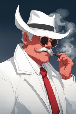 An old very red crimson devil wearing a white and gold police comisioner outfit, he is also wearing glasses, he has a white scruffy mustache, and a small black fedora, he is also smoking a cig.