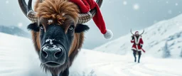 creature with eyes of hound bison reindeer yoga man with the snow flake pattern in the pupils in running in the snow in the snowy mountain with santa