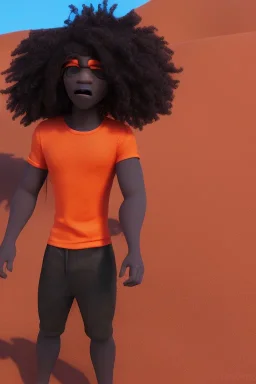 3D render of a cyberpunk tribal young black man, black afro hair, ragged shirt, on a orange dune background, digital art