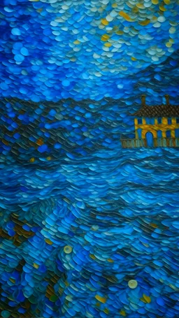 A blue watery cove in a rainstorm designed in ancient Roman mosaics painted by Vincent van Gogh