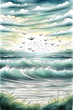 Draw a sea with waves, a view of the beach, and the sky is full of rainy clouds, with a little mist, and two birds flying between the clouds.