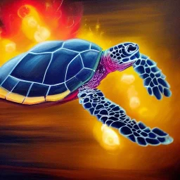 Oil painting style turtle and fireworks