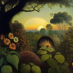 High definition photography of a marvelous landscape, trees, flowers, sun, intricate, atmosphere of a Max Ernst painting, Henri Rousseau, thoughtful, interesting, a bit appalling, smooth