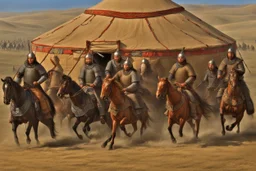 Mongol warriors around Genghis Khan in his yurt 1240s. strong athletic build, in battle gear. HDR --s 1000