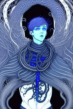 16 year old boy warlock with milky blue eyes, and 1 lamprey tentacle growing out of his belly. in the style of Harry Clarke