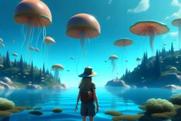 woman standing next to a lake, in an alien forest, flying mushrooms with jellyfish tenacles in a blue sky