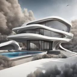 Dibujo de una casa campestre estilo Zaha Hadid, arte grafiti, ciencia ficción, calidad ultra, 8k