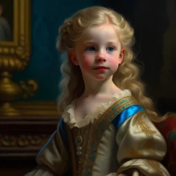 very cute little blonde girl in a beautiful Baroque outfit, highly detailed, elegant, 8k, oil on canvas, beautiful, 4K 3D, clear quality, colorful, very cute, Thomas Kincaid