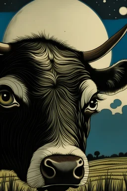 plano detalle del ojo de una vaca saltando en la llanura pampeana argentina bajo una luna brillante al estilo de andre derian