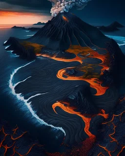 A volcanic island with black sand beaches, surrounded by lava that flows into the ocean, forming otherworldly patterns