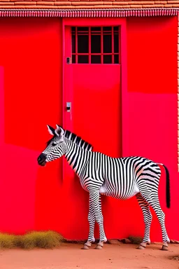 A zebra in front of a red door and a white stone wall