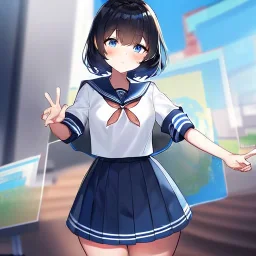 Clear focus,High resolution, Black short fluffy hair, and blue eyes, wearing a sailor uniform, must wear a short skirt with a horizontal line, Blushing