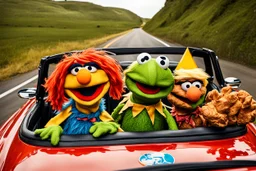 World Class Photograph of 3 Sesame Street muppets sitting in a convertible car and smiling on their road trip- one is Kermit the Frog, One is Cookie Monster, and one is Donald Trump muppet