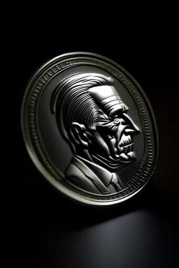 In Ultra Realistic 32k UHDR Photography Description: - of a Dime in carbon fiber. -10 cents on the back -president's head on the front