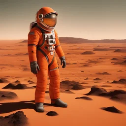 A high-quality photo, a magazine photo, depicts a man standing among the Martian landscape in an orange thin space suit with stripes, he looks into the distance at a beautiful Martian, slightly hilly landscape.