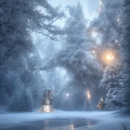 winter landscape, bells, ice, dreamy, science fiction