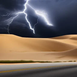 desert, storming, lightning, dunes, shades of gray, road, landscape