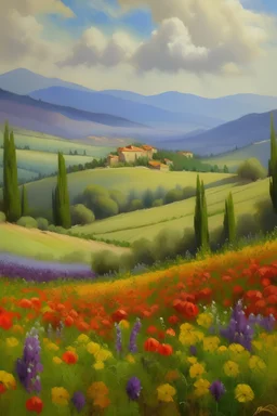 Oil painting of flower fields and mountains in the back tuscany