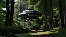 sleek cargo spacecraft landing in a clearing surrounded by trees