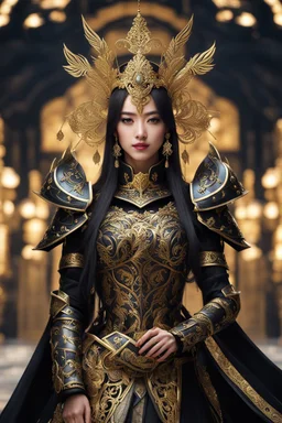 Realistic photography,front_view, (1Queen, looking at viewer), black long hair,traditional dress ornaments mechanical_armor, intricate armor, delicate golden filigree, intricate filigree, black metalic parts, detailed part, dynamic pose, abstrac background, dynamic lighting