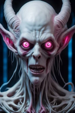 evil , scary ,pale white albino vampire demon creature, head, ultra detailed large eyes with neon fluorescent colored eyes pink and blue, 8k, finely detailed, dark light, photo realistic, hr giger, cyberpunk, dangly things hanging from his face,award-winning, higher detail, photorealistic, horror, nightmare, insane graphics, perfect lighting in shado