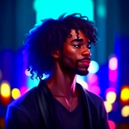 illustration art style black man long curly hair indoor background bokeh