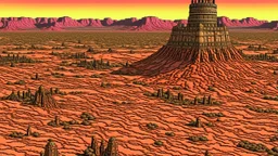 Desert warrior from behind looking at a city on a plato in the distance, comic style