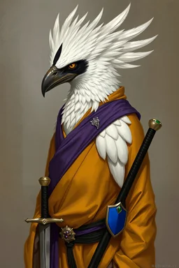 Picture of a aarokocra, with white feathers but a stripe of black feathers that run over his eyes. He is dressed in monk's style, with a robe of gold, a sash of purple, and a black cloth belt. He bears a longsword in a sheathe at his hip, with a hilt that is plain but bears a single emerald on the pommel. He wears a small badge on his belt; the badge is shaped like a blue shield.