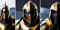 apocalypse, chaotic, magnificent, realistic, colorful, massive, epic, ray tracing, cinematic, 8k, HD, Ultra High Definition, photo film, film grain, hyper-detailed, old tarnished ornate rusty Hyper detailed Gold Gothic Medieval Knight helmet with opaque glass visor covering face and matching suit of armor no face