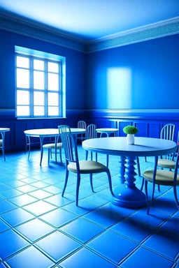 3D-shot A large, oval-shaped table in a restaurant, the color of the table is blue and white, the color of the walls is blue, and the floor color is white