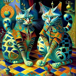 prompt, Fantasy harlequin cats by Louis Wain, by Catherine Abel, by Gediminas Pranckevicius, fantasy, oil on canvas, beautiful, high details, ultra detailed, crisp quality, colourful, high definition