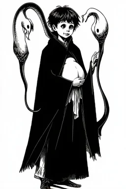 7 year old boy, necromancer, friendly, looks dead,with a long lamprey emerging from his belly , wearing black robes, with the lower body of a ghost in the style of Harry Clarke