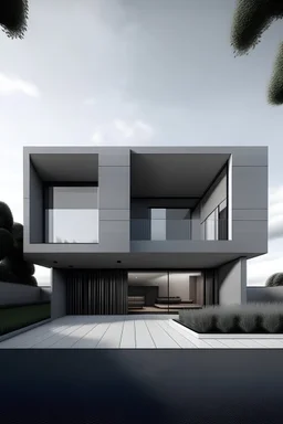 FACADE OF A MODERN MINIMALIST STYLE HOUSE WITH A SKY GRAY AND A LITLE TRES AROUND IT