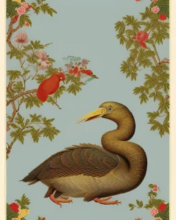 a repeating pattern of Vintage European chinoiserie wallpaper with dodo bird and oak leaf branches