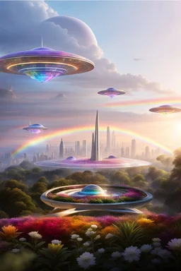 ufo rainbows, cité cristal très futuriste ultra moderne, ufos fleet, intergalactic, dômes de cristal, beautiful gardens , flowers
