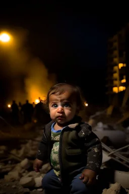 Palestinian baby , Destroyed Buildings , with a Explosions, at night